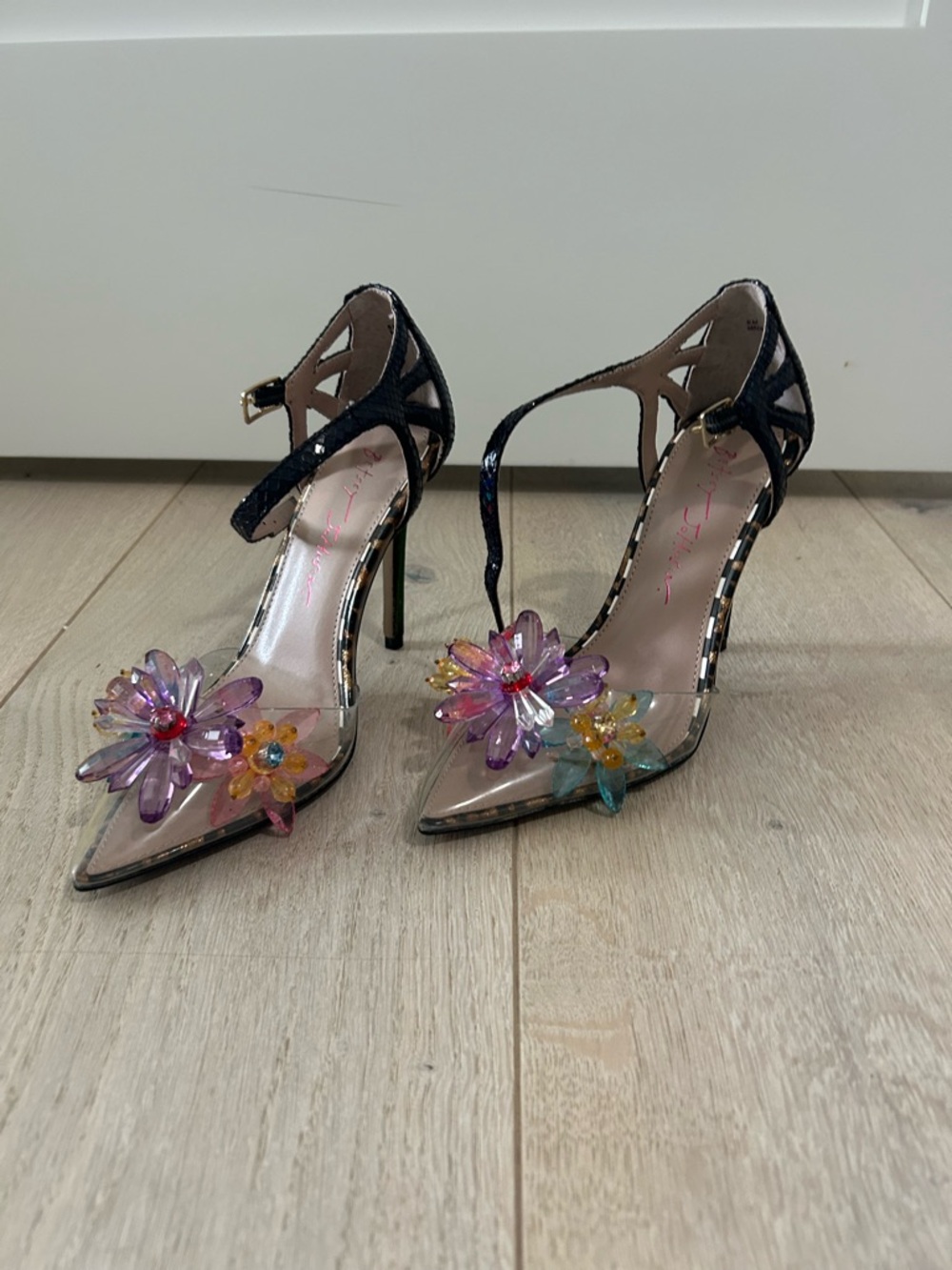 Betsey Johnson Black High Heel Sandals with Colorful Floral Charms